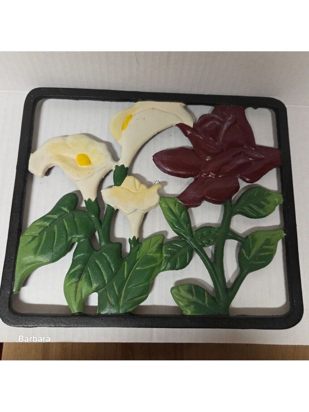 Vintage Painted Floral Cast Iron Trivet